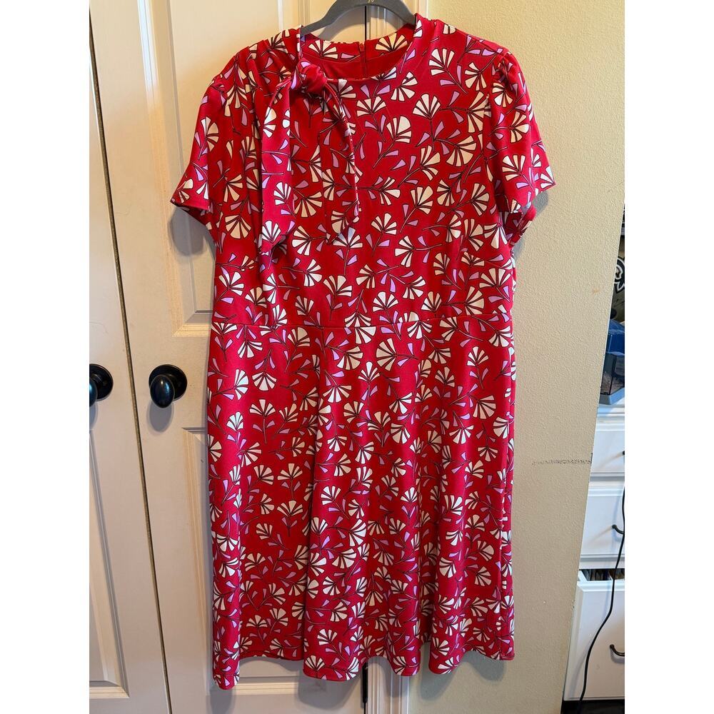 London Times Red Tie Neck Floral Abstract Midi Dress Women's Plus Size 20W - Picture 2 of 11